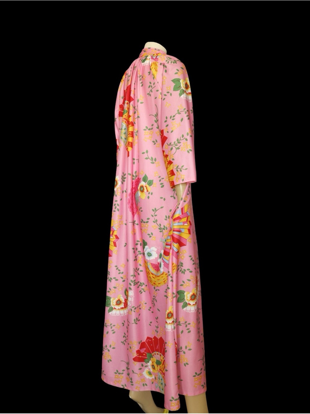 1970s Pink Japanese Fan Floral Housedress Maxi Robe Kaftan Tie Neck Vintage - Picture 8 of 14